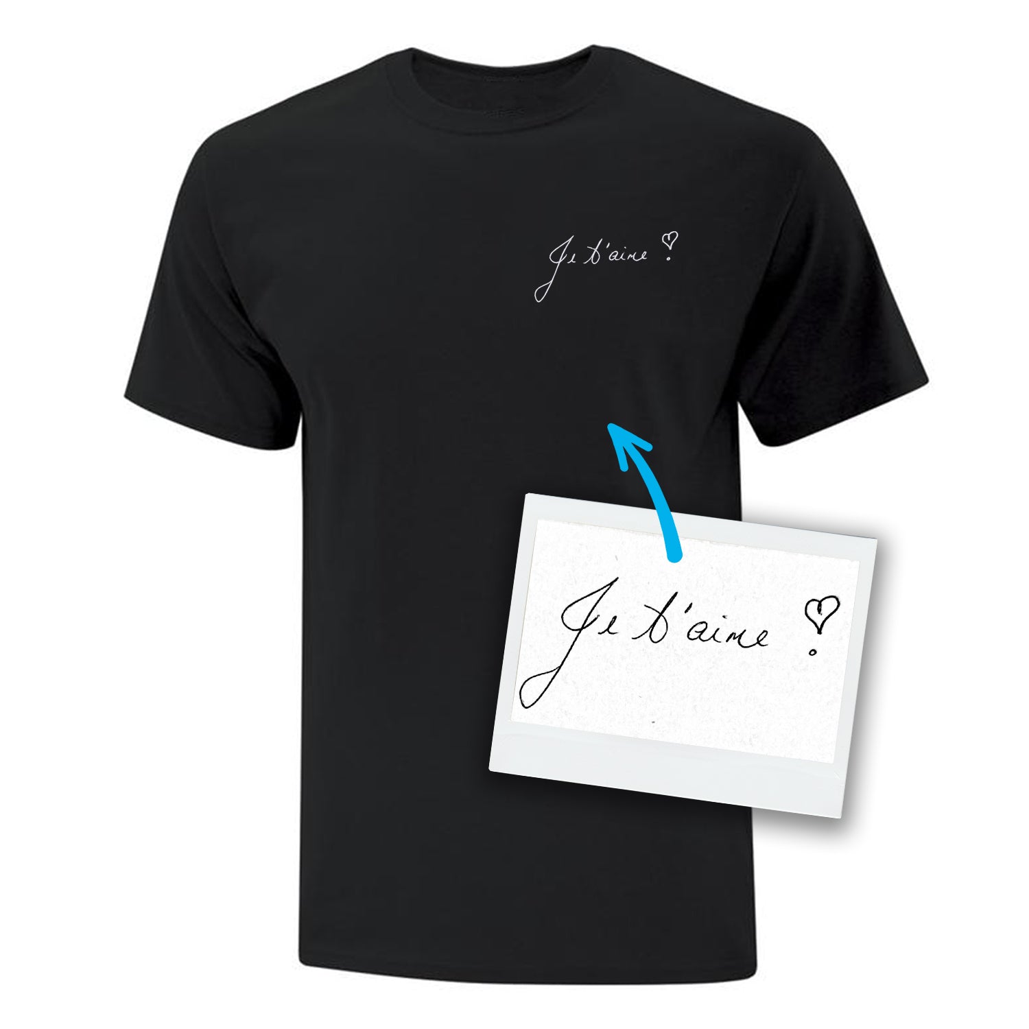 t-shirt à manches courtes noir avec une écriture personnalisée brodée écrite à la main par un proche