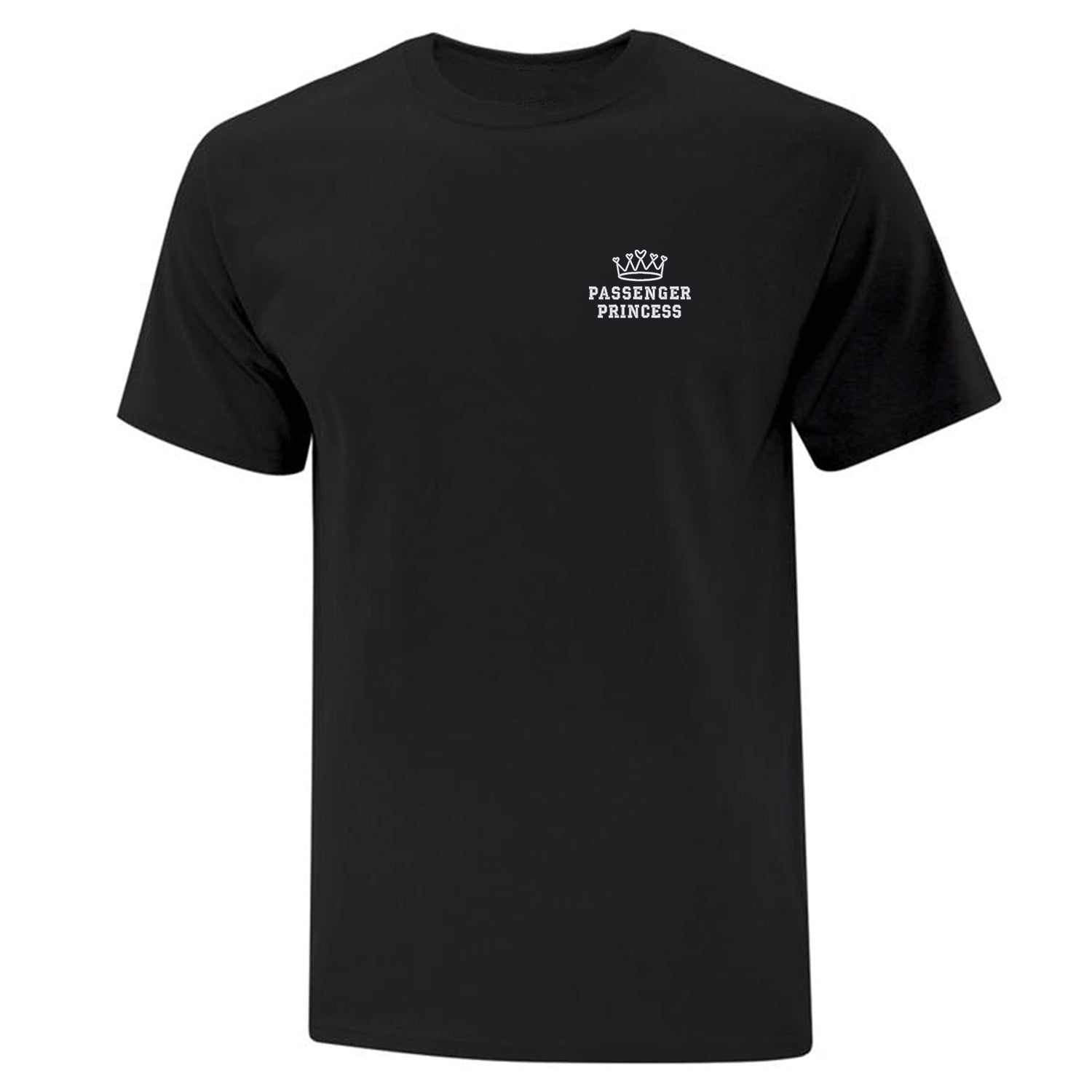 t-shirt à manches courtes unisexe noire avec une broderie blanche écrit "passenger princess" avec une couronne au-dessus situé au coeur.