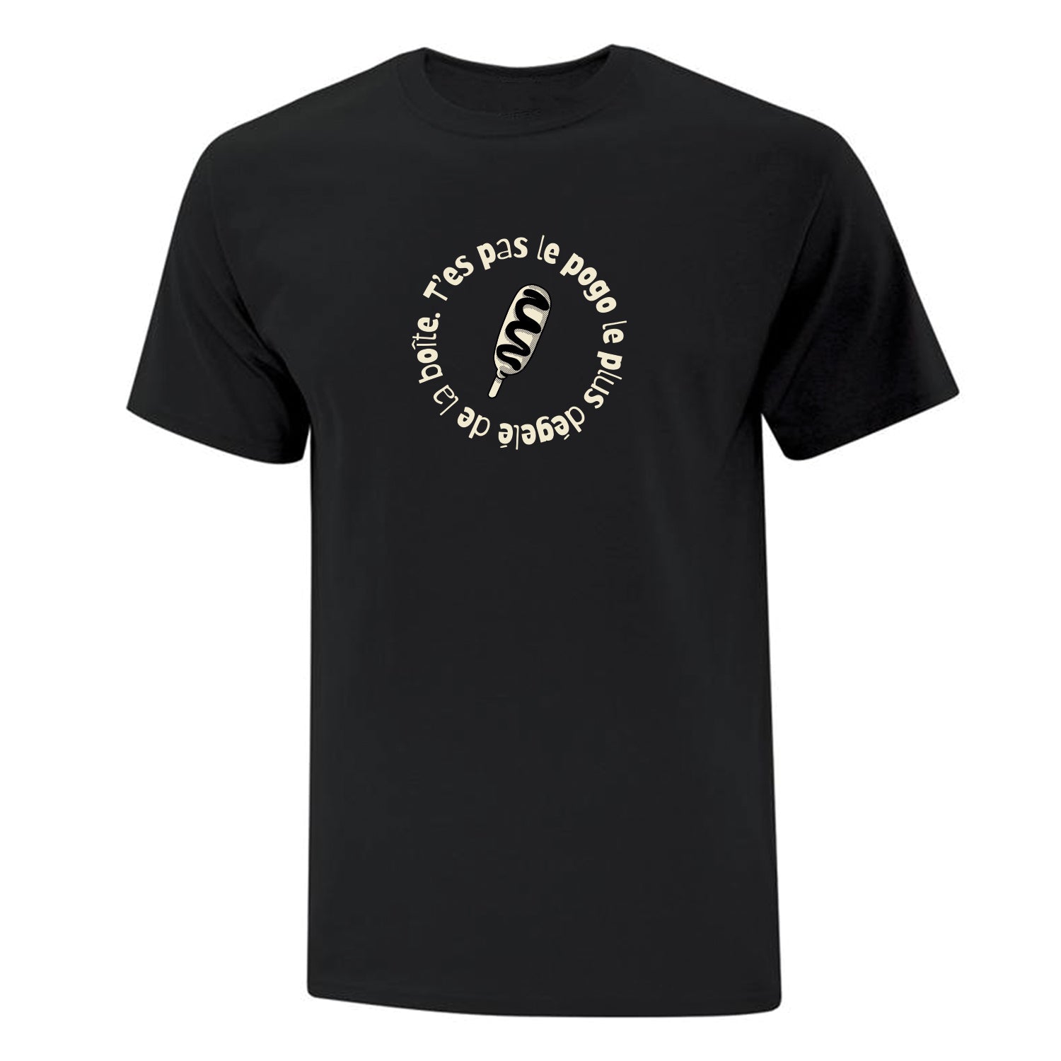 t-shirt à manches courtes noir avec un imprimé noir et crème d'un pogo et l'expression québécoise "t'es pas le pogo le plus dégelé de la boîte"