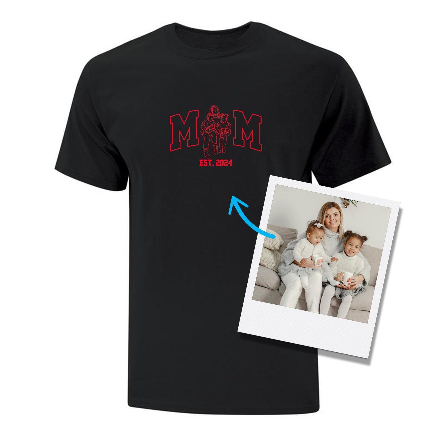 t-shirt manches courtes noir avec broderie MOM rouge et silhouette dessinée à partir d'une photo qui remplace le O