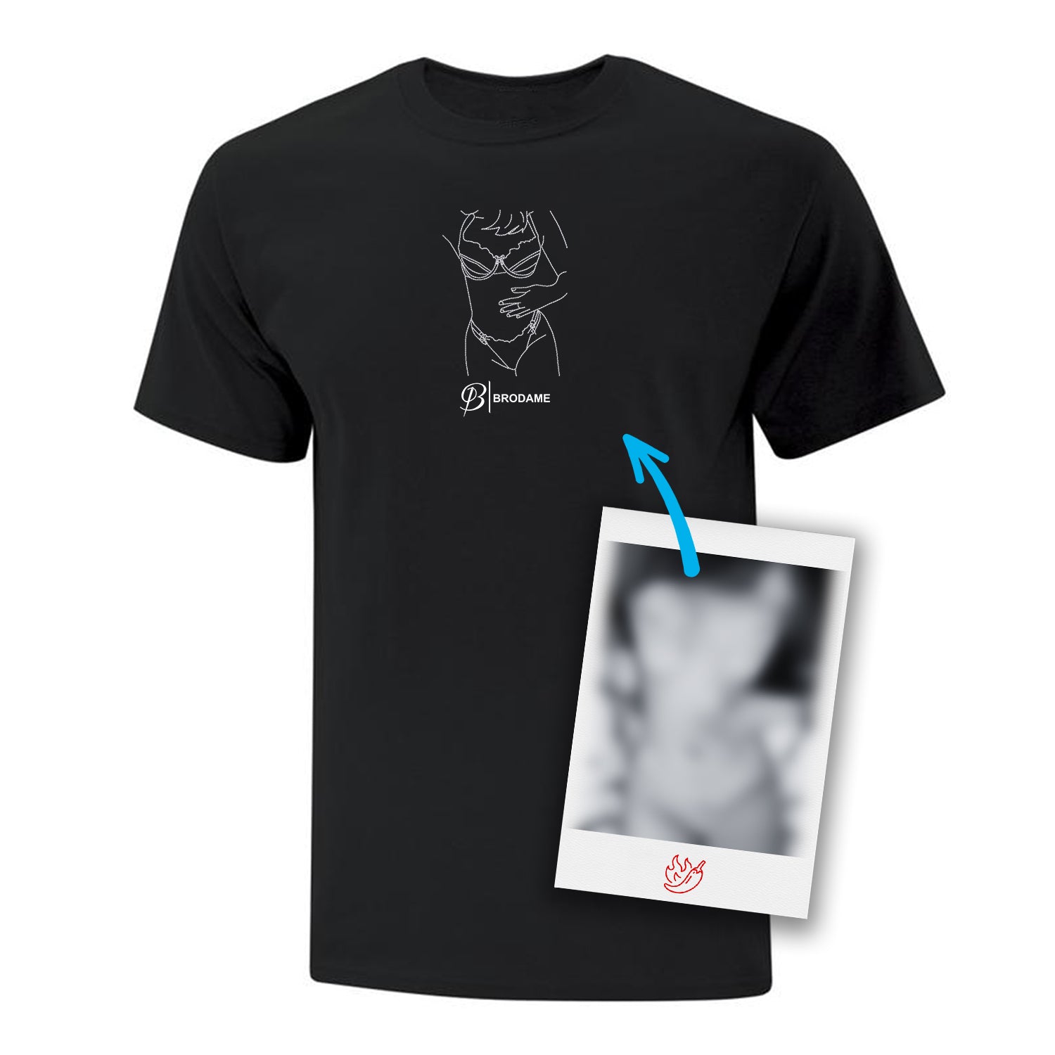 t-shirt à manches courtes noir avec une silhouette spicy brodée en blanc dessinée à partir d'une photo