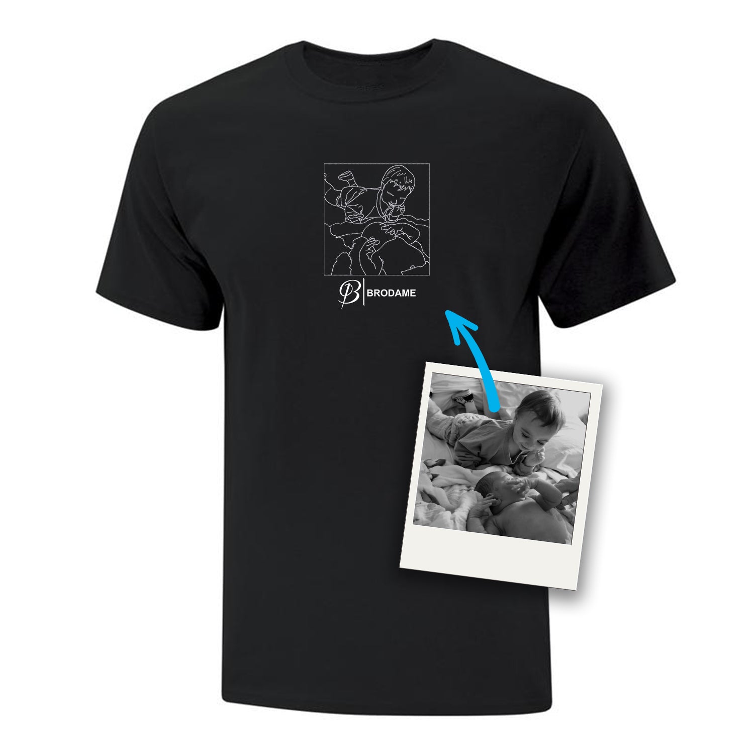 t-shirt noir personnalisé avec une silhouette brodée dessinée à partir d'une photo avec l'ajout du logo brodame en dessous