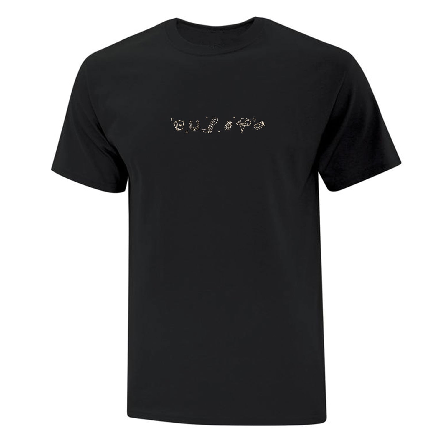 visuel de t-shirt à manches courtes noir avec une broderie d'icones du thème western country brodé en beige