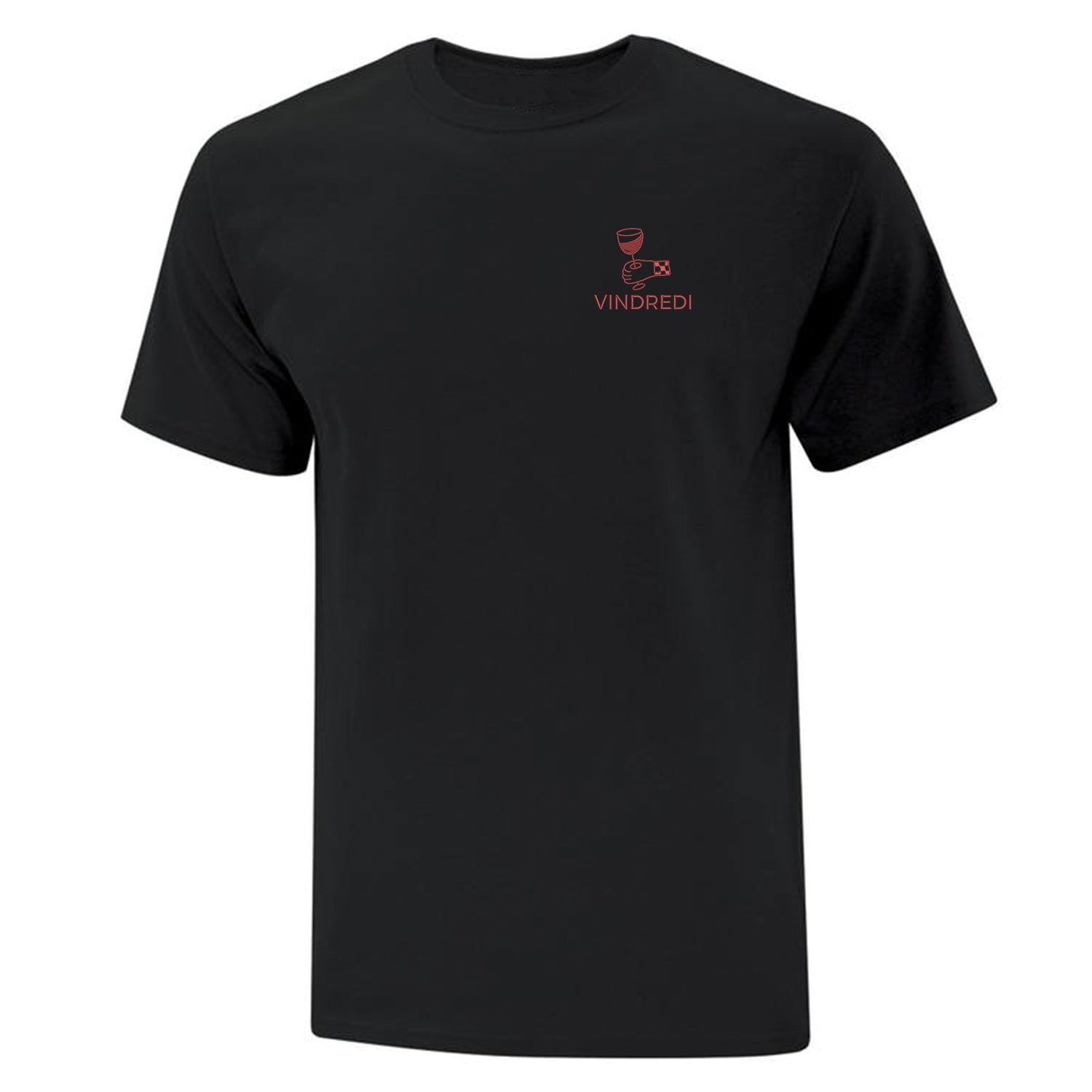 t-shirt noir avec broderie "Vindredi" au coeur. Main qui tient un verre de vin. Broderie de couleur bourgogne. Collection d'expressions québécoises.