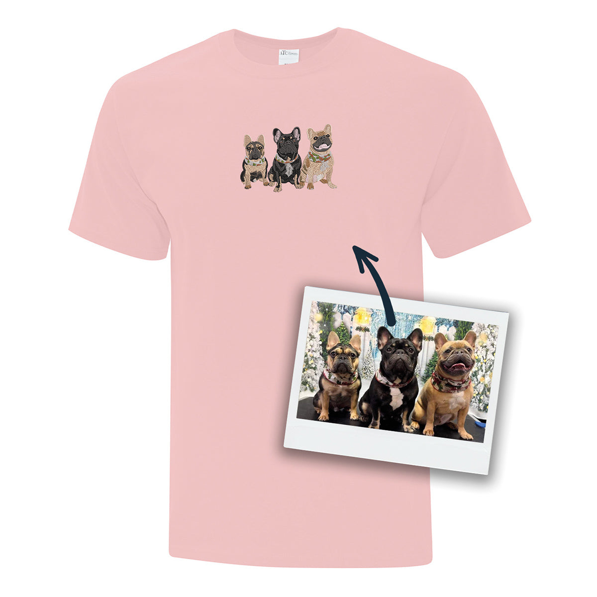 t-shirt à manches courtes rose pâle avec une broderie de chiens faite à partir d'une photo