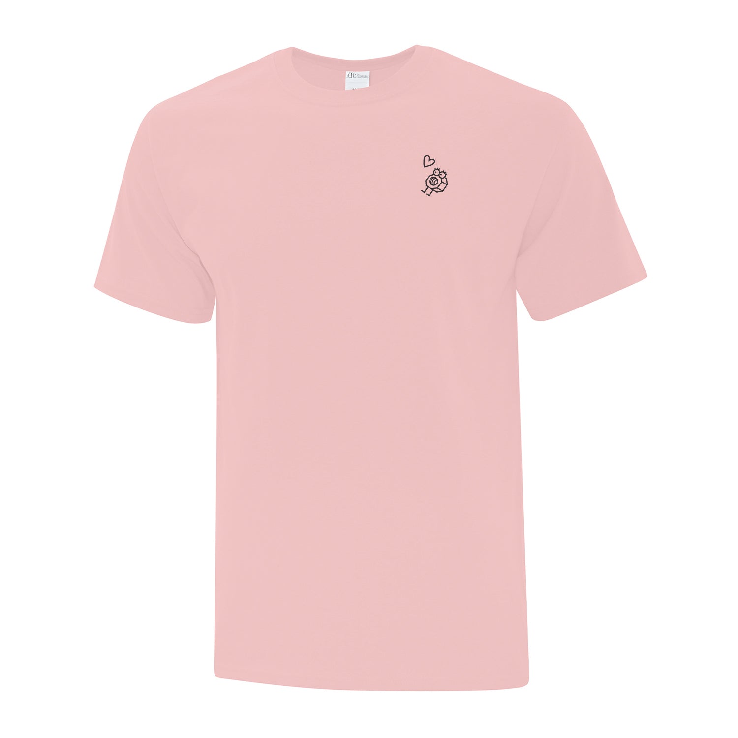 t-shirt rose pâle avec une broderie d'un écrou animé et un petit coeur brodé à gauche en noir