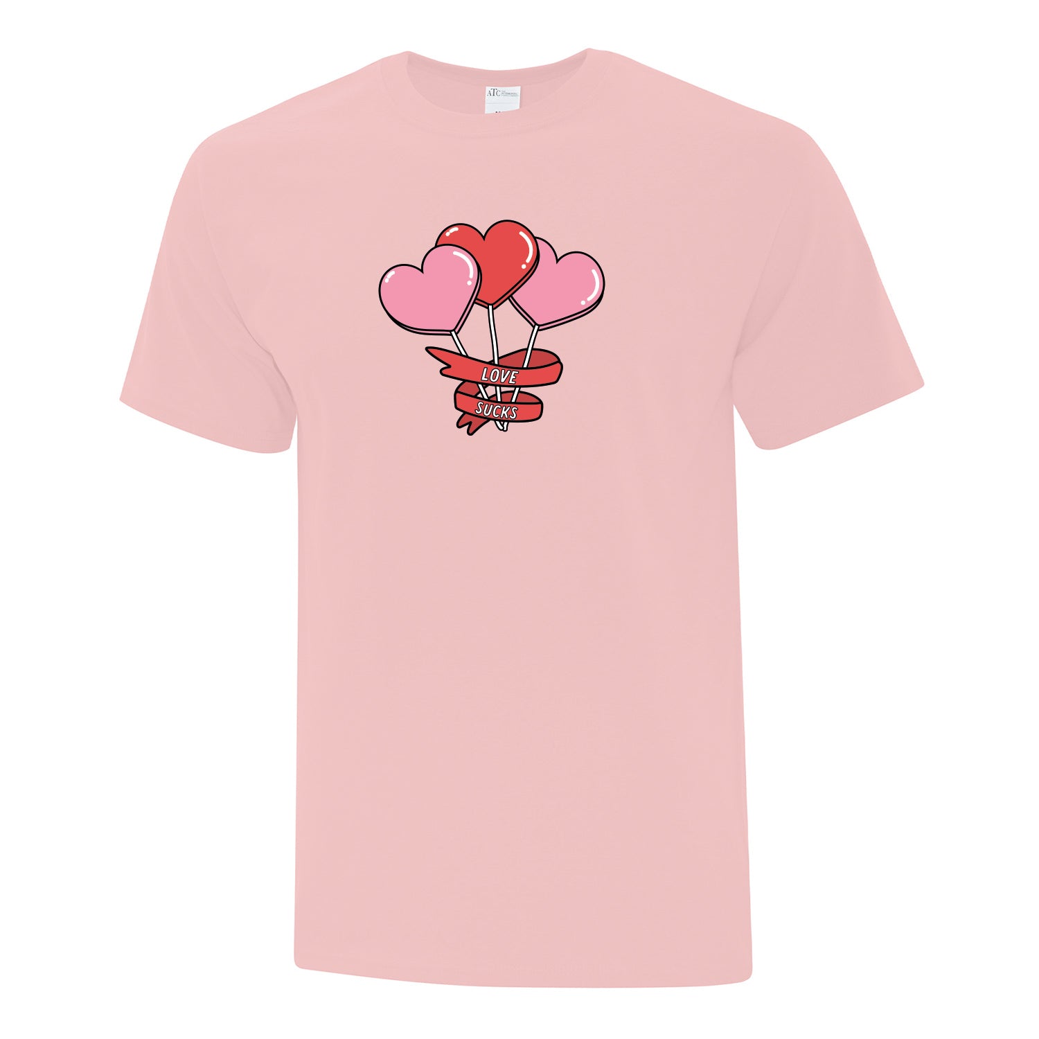 t-shirt rose pâle imprimé avec des sucettes en forme de coeur et l'inscription "love sucks"