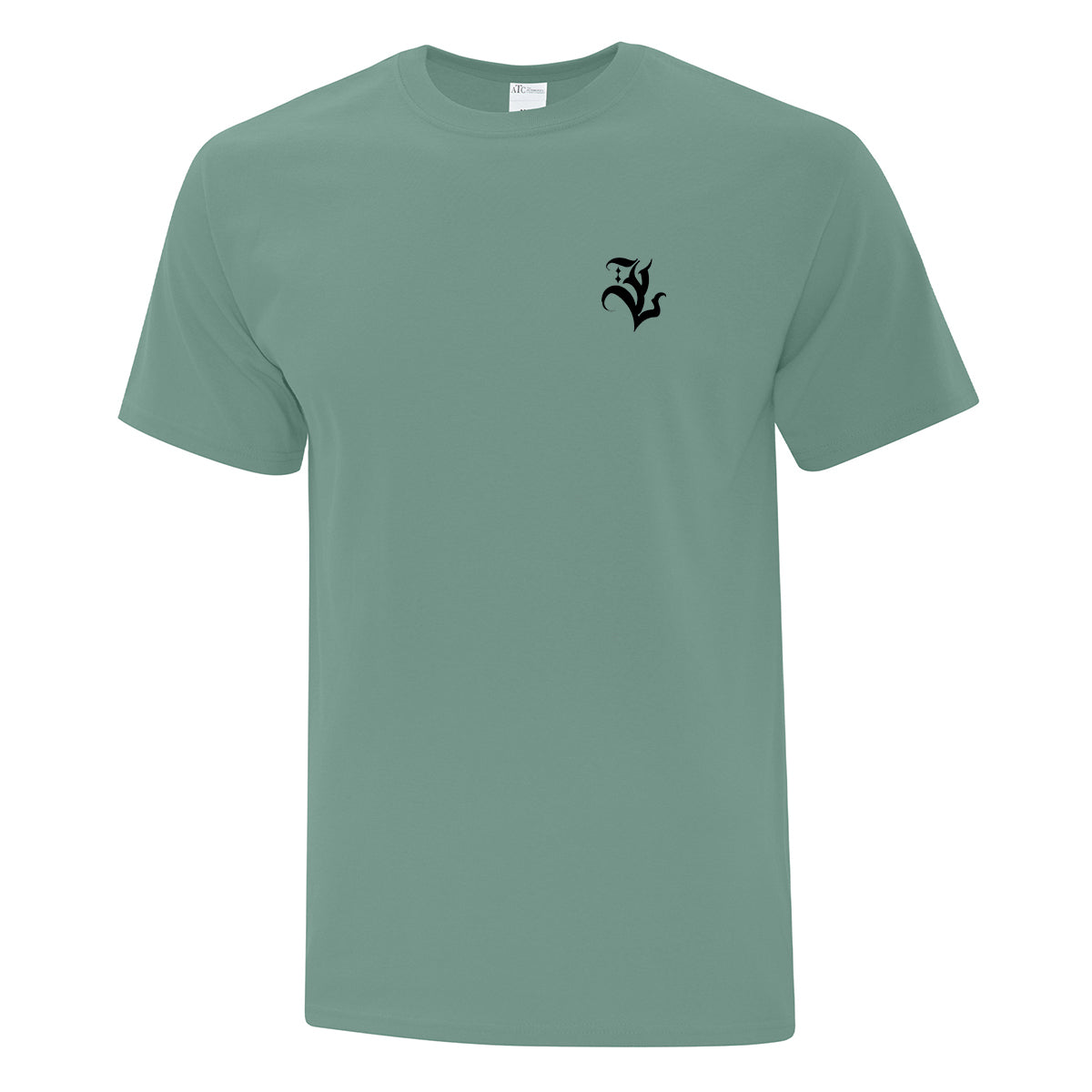 t-shirt à manches courtes vert sauge vu de face avec une impression 3" en noir au coeur