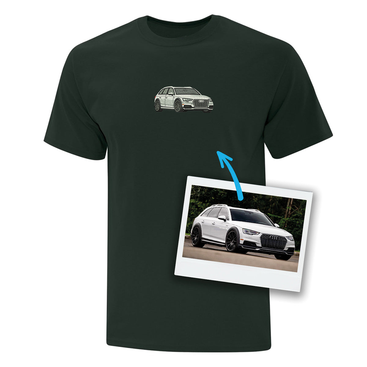 t-shirt vert forêt brodé d'une voiture brodé produit personnalisable audi