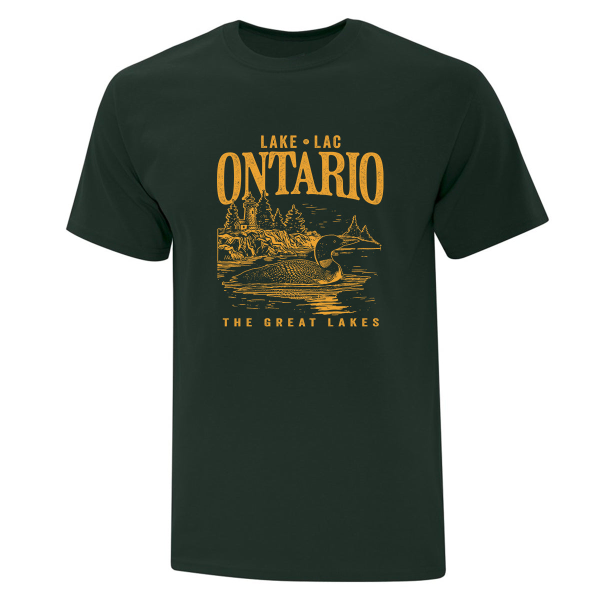t-shirt à manches courtes vert forêt avec un imprimé du lac ontario en jaune