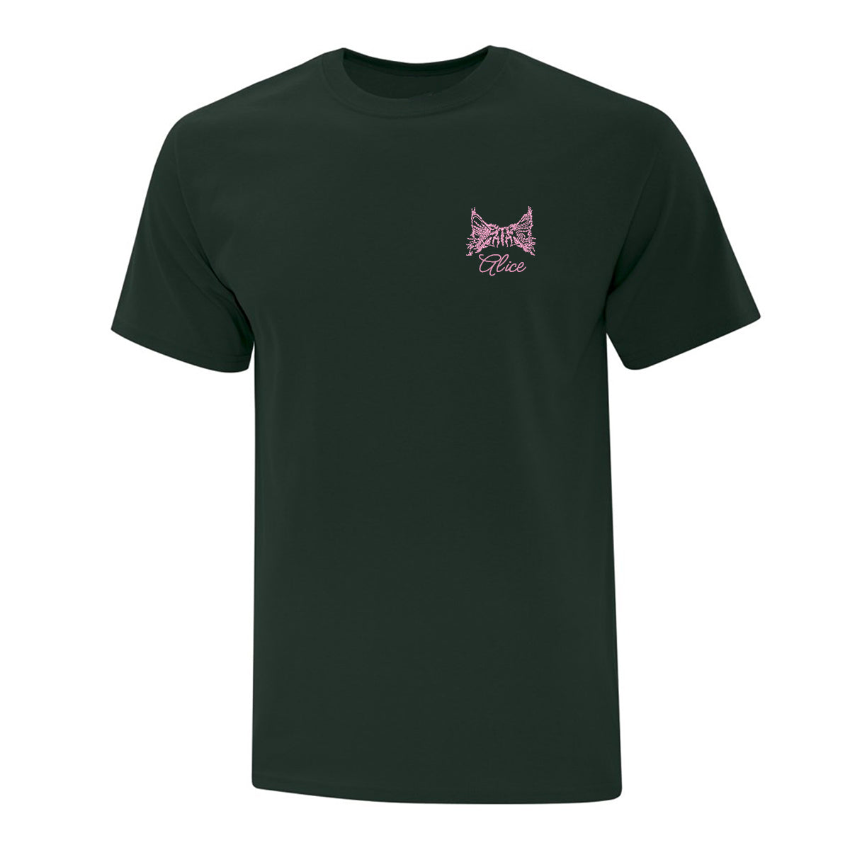 t-shirt vert foret avec broderie au coeur rose pâle d'oreilles de chat et le nom du chat en dessous