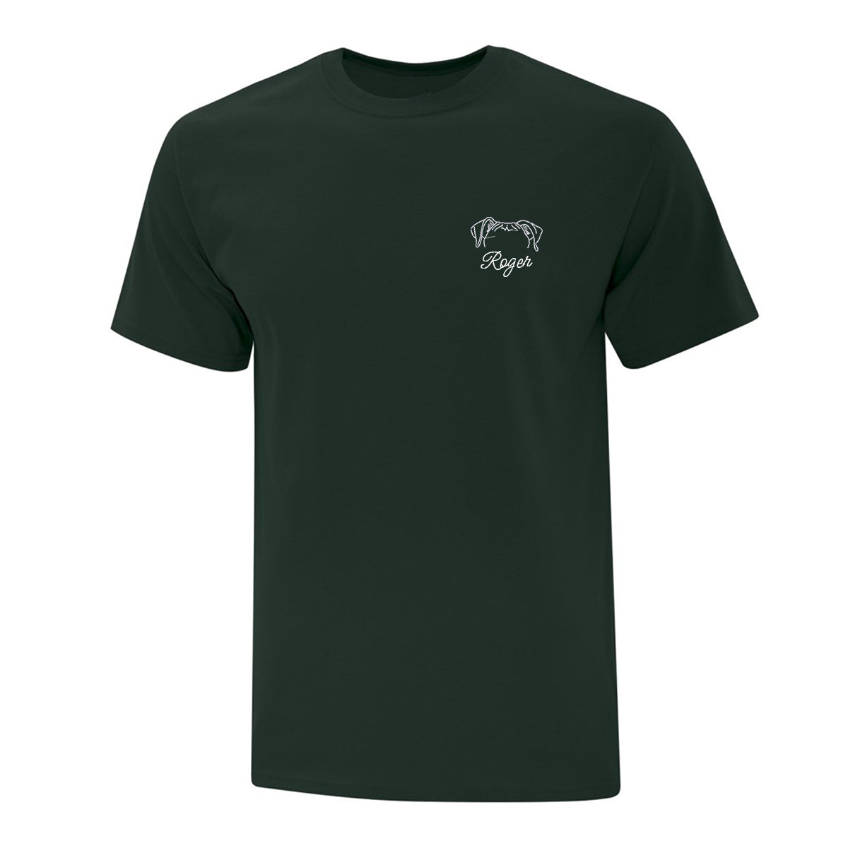 t-shirt manches courtes vert foret avec broderie minimaliste d'oreilles de chien au coeur avec leur prénom en dessous en blanc. personnalisable