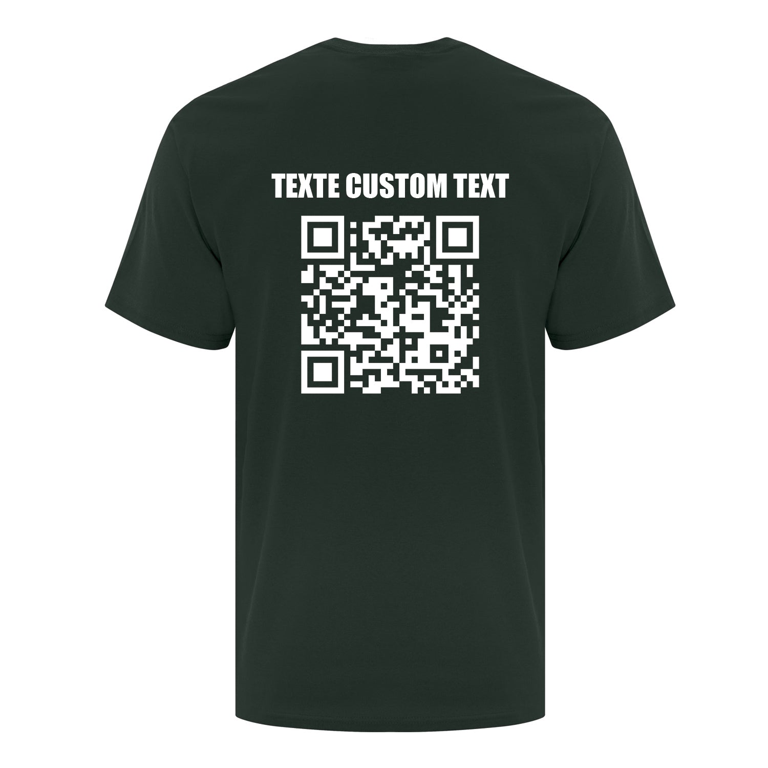 visuel d'un t-shirt vert forêt avec un imprimé personnalisé de code QR et de texte en blanc