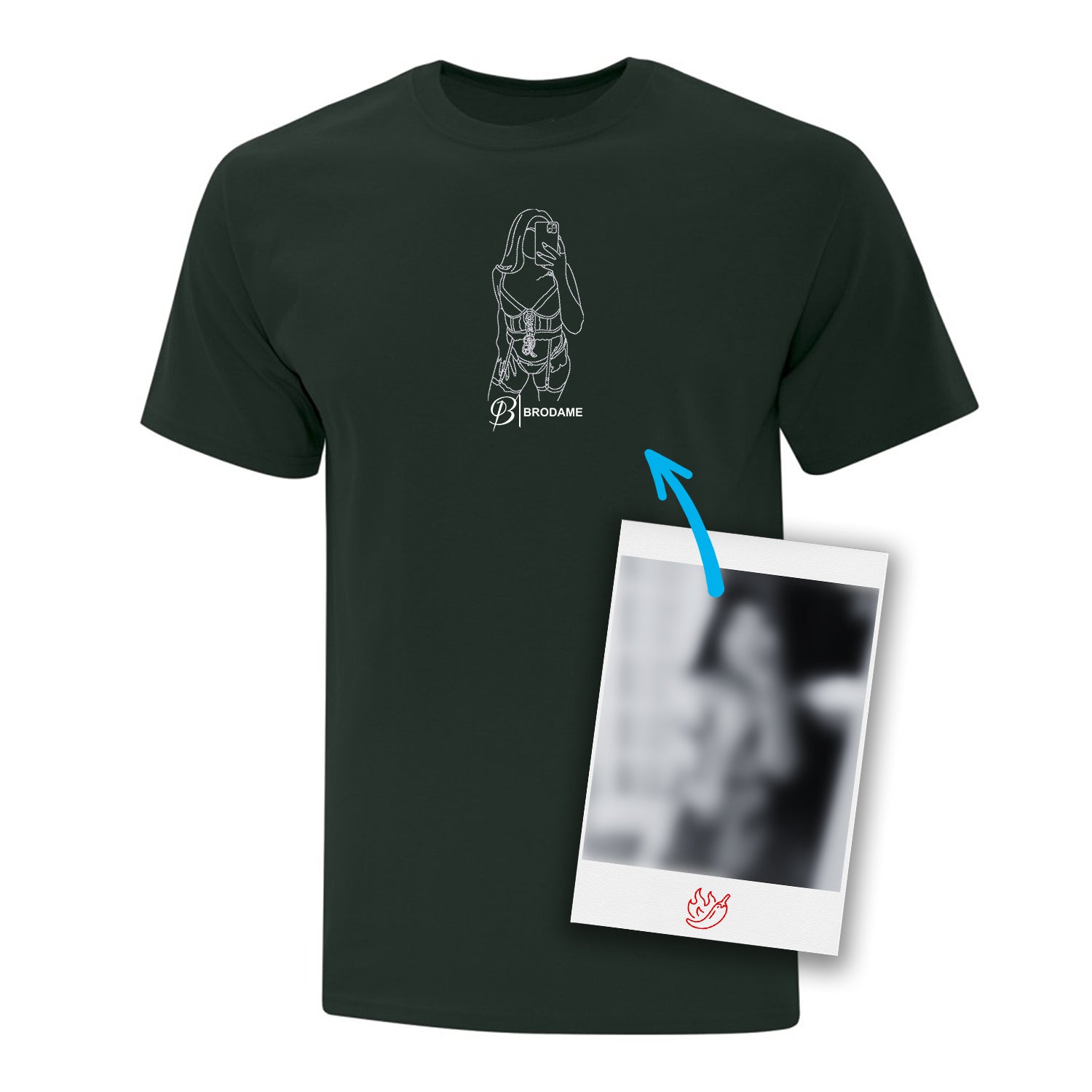 t-shirt à manches courtes vert foret avec une silhouette spicy brodée en blanc dessinée à partir d'une photo