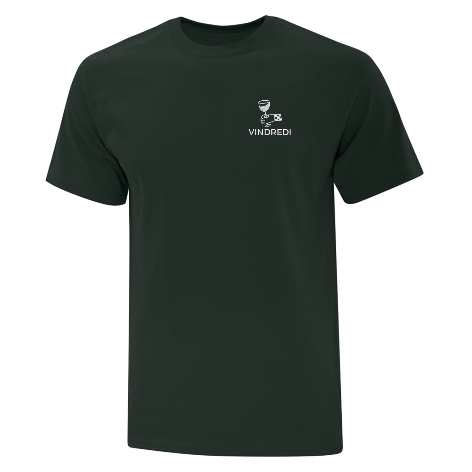 t-shirt vert forêt avec broderie "Vindredi" au coeur. Main qui tient un verre de vin. Broderie de couleur blanche. Collection d'expressions québécoises.