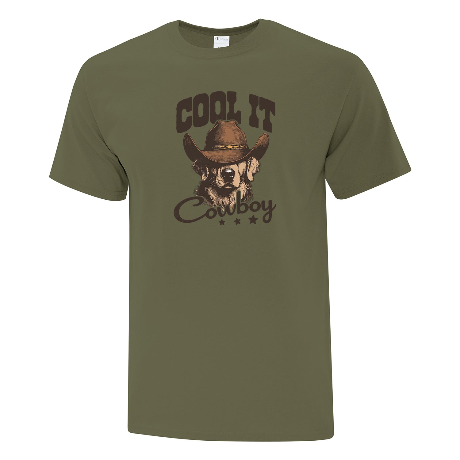 visuel d'un t-shirt à manches courtes vert militaire avec un imprimé de golden retriever portant un chapeau de cowboy avec l'inscription "cool it cowboy"