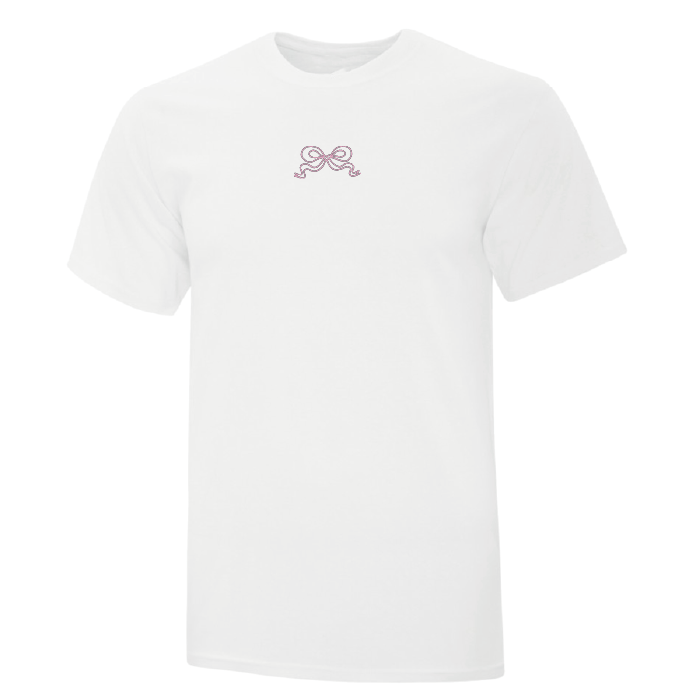 t-shirt manches courtes blanc avec une petite broderie de boucle rose pâle au centre