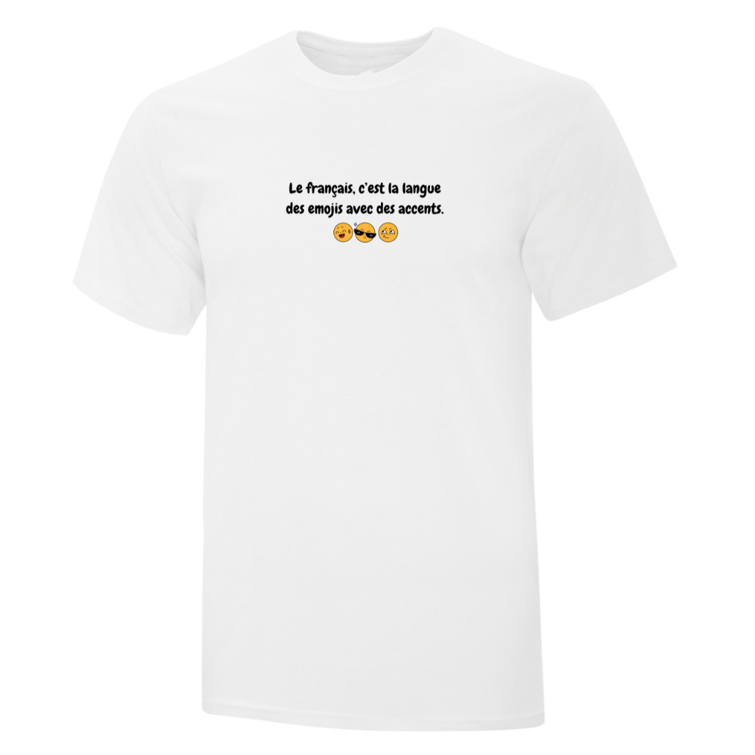 t-shirt blanc avec broderie langue des emojis français avec des émoticones