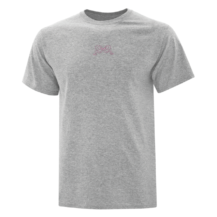 t-shirt manches courtes gris pâle avec une petite broderie de boucle rose pâle au centre