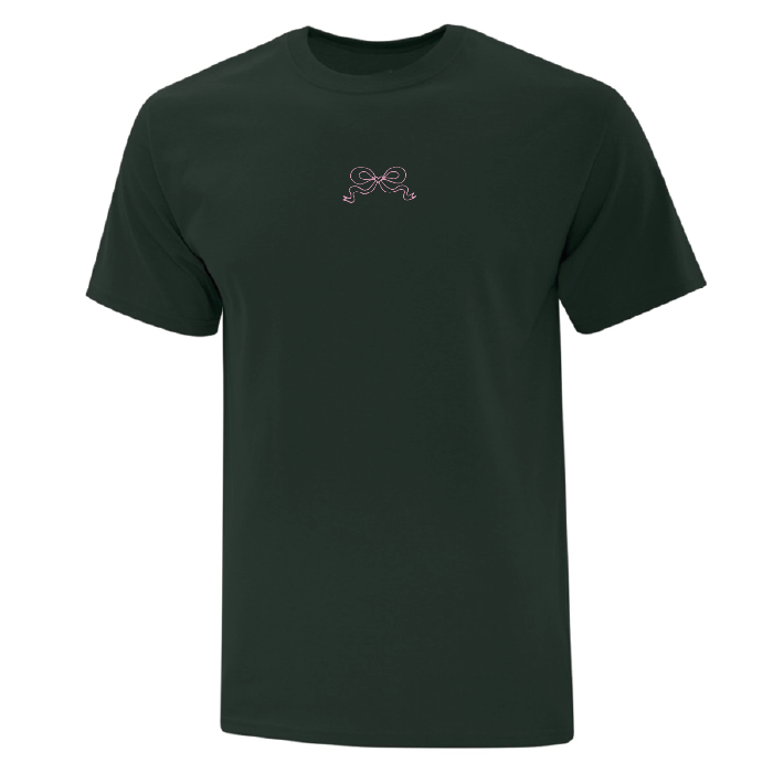 t-shirt manches courtes vert forêt avec une petite broderie de boucle rose pâle au centre