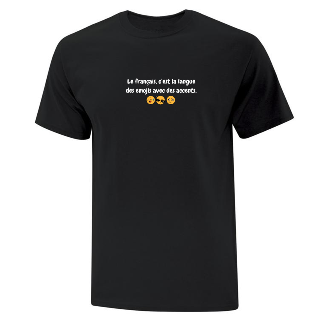 t-shirt noir avec broderie langue des emojis français avec des émoticones