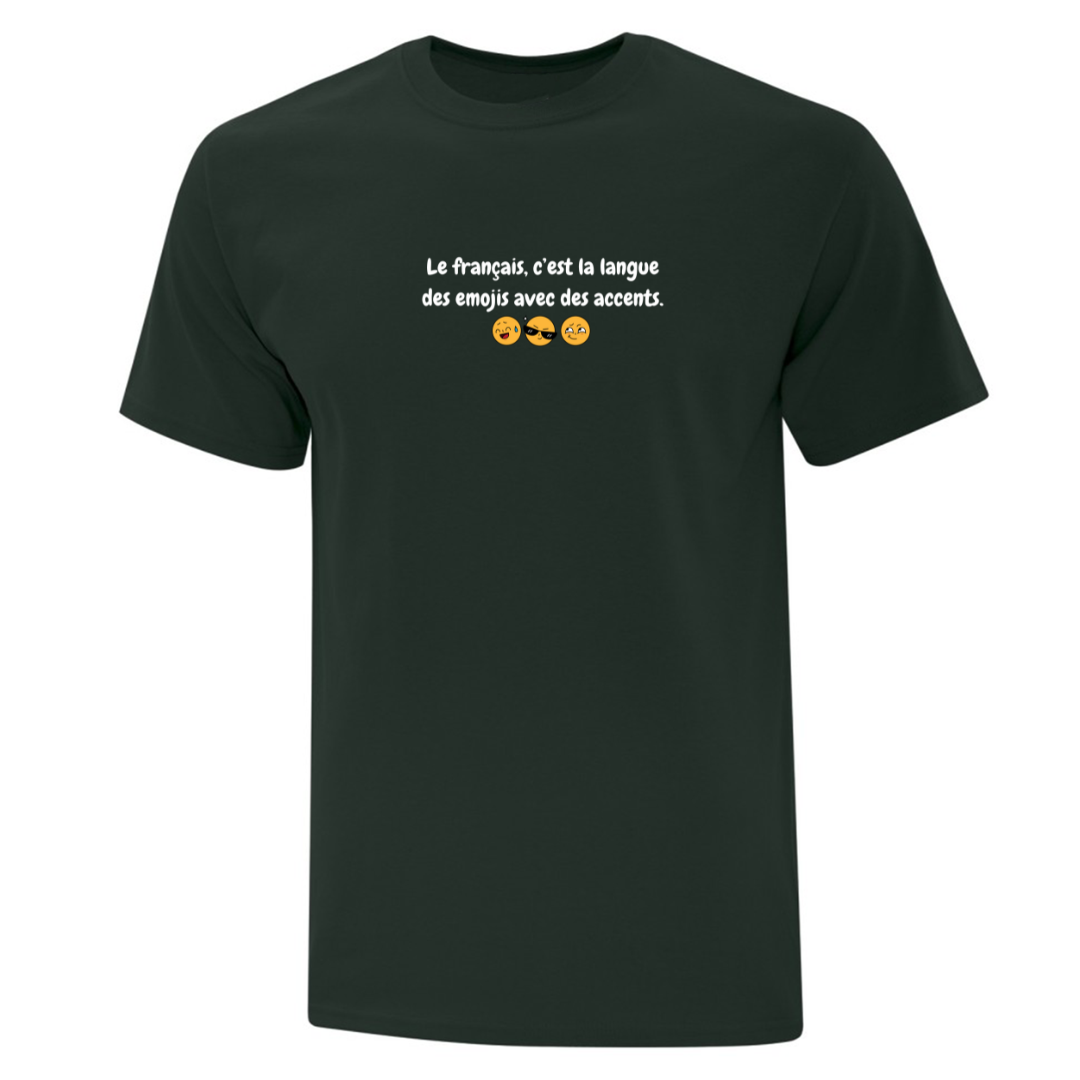 t-shirt vert foret avec broderie langue des emojis français avec des émoticones