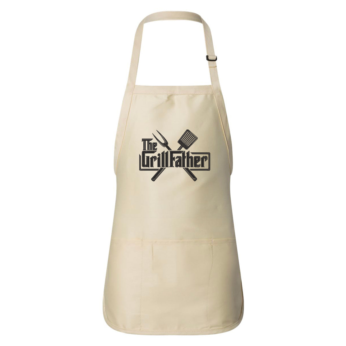 tablier uni beige avec une broderie de 8" centré en noir "The GrillFather" avec des outils de grillades BBQ