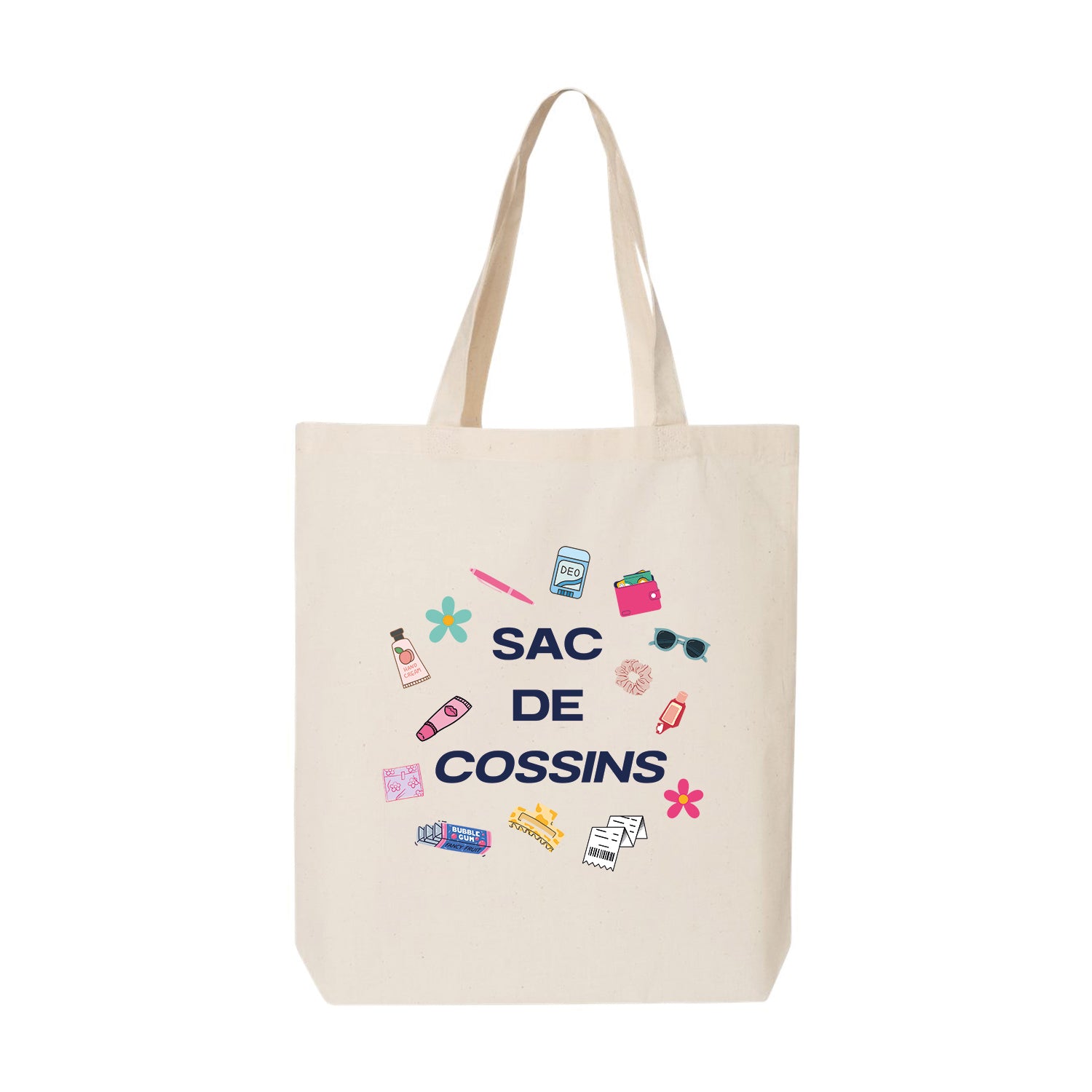 sac fourre-tout beige avec un imprimé québécois "sac de cossins" avec essentiels de tous les jours