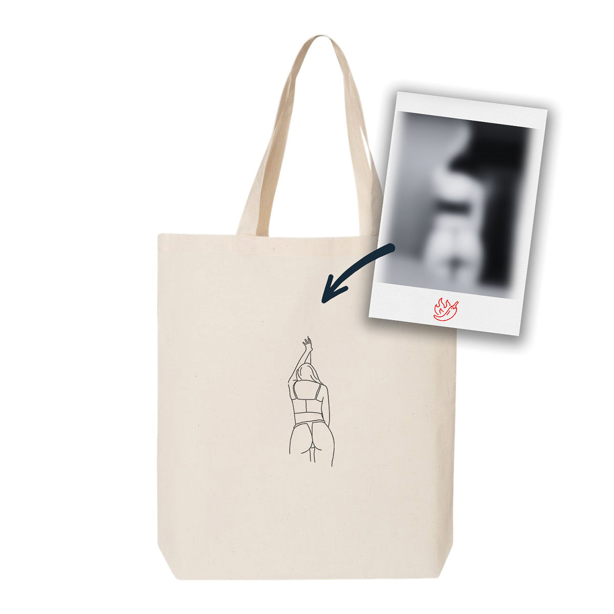 sac fourre-tout beige avec une broderie noire minimaliste d'une silhouette faite à partir d'une photo coquine