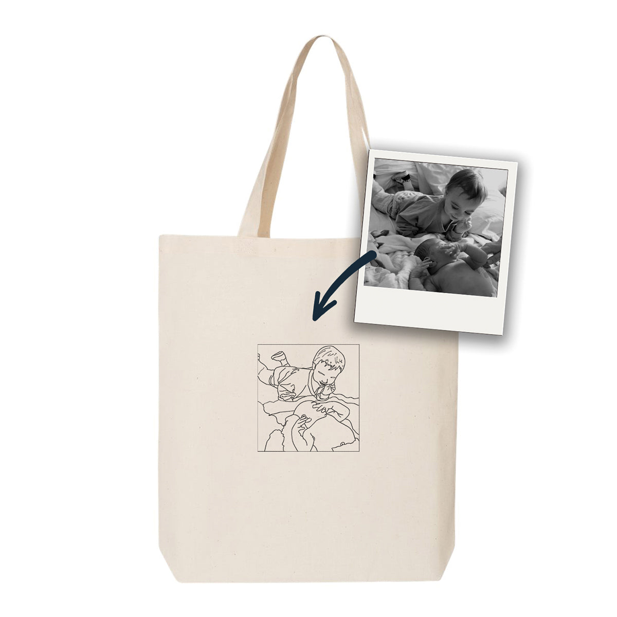 sac fourre-tout beige personnalisé par une broderie de silhouette dessinée à partir d'une photo