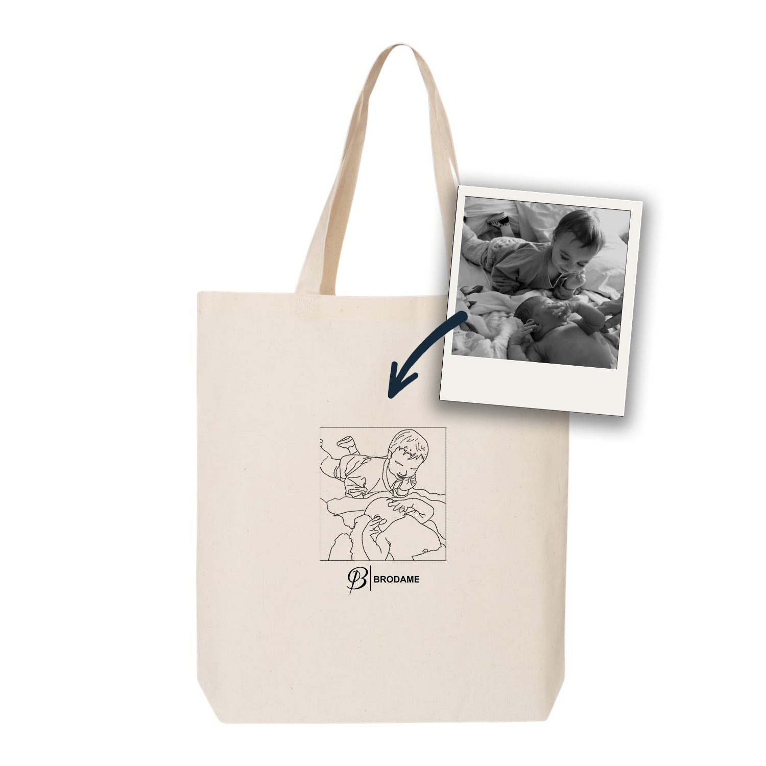 sac fourre-tout beige personnalisé par une silhouette de famille brodé dessinée à partir d'une photo avec le logo brodame en-dessous