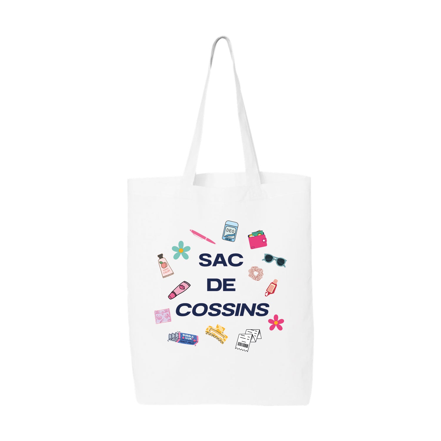 sac fourre-tout blanc avec un imprimé québécois "sac de cossins" avec essentiels de tous les jours