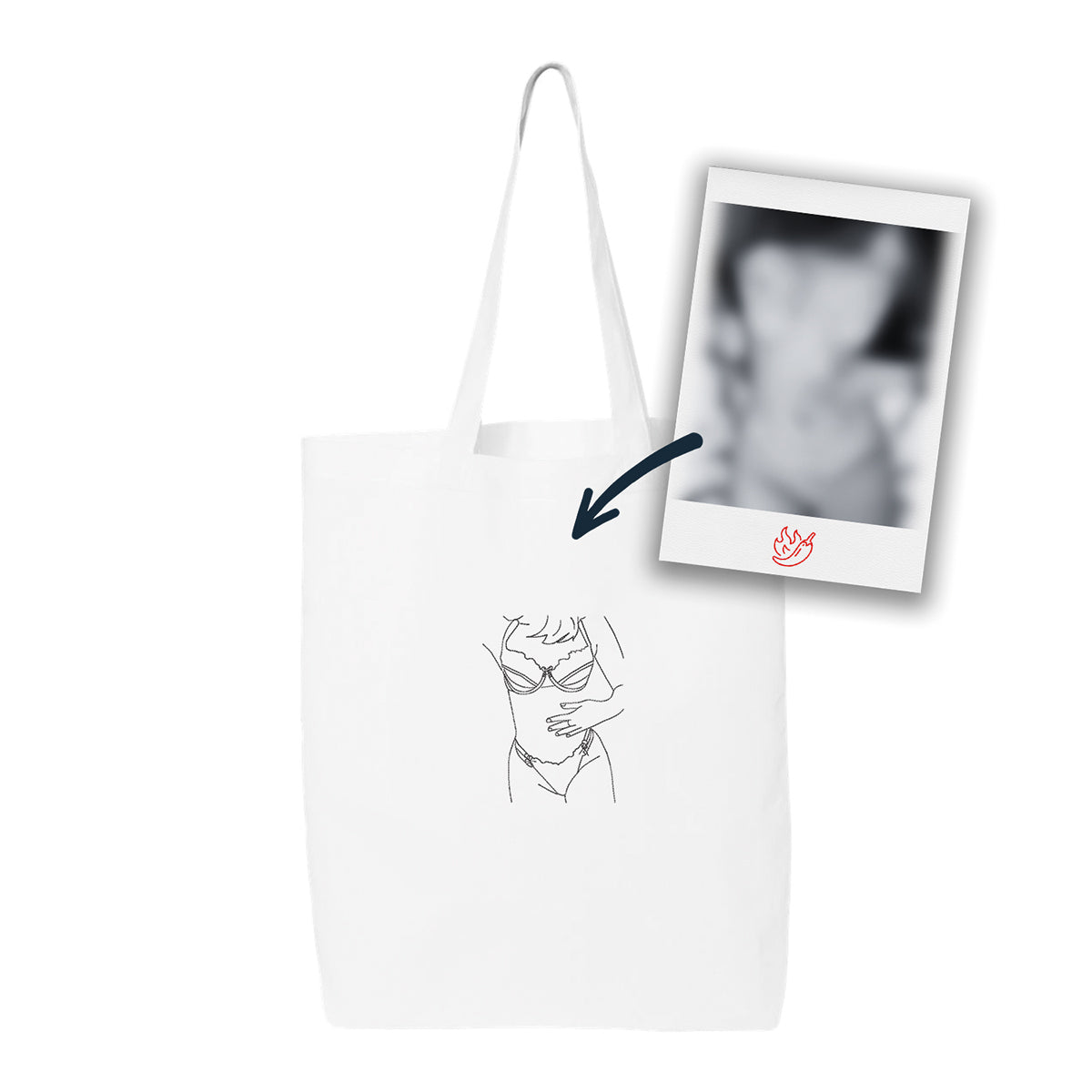 sac fourre-tout blanc avec une broderie noire minimaliste d'une silhouette faite à partir d'une photo coquine