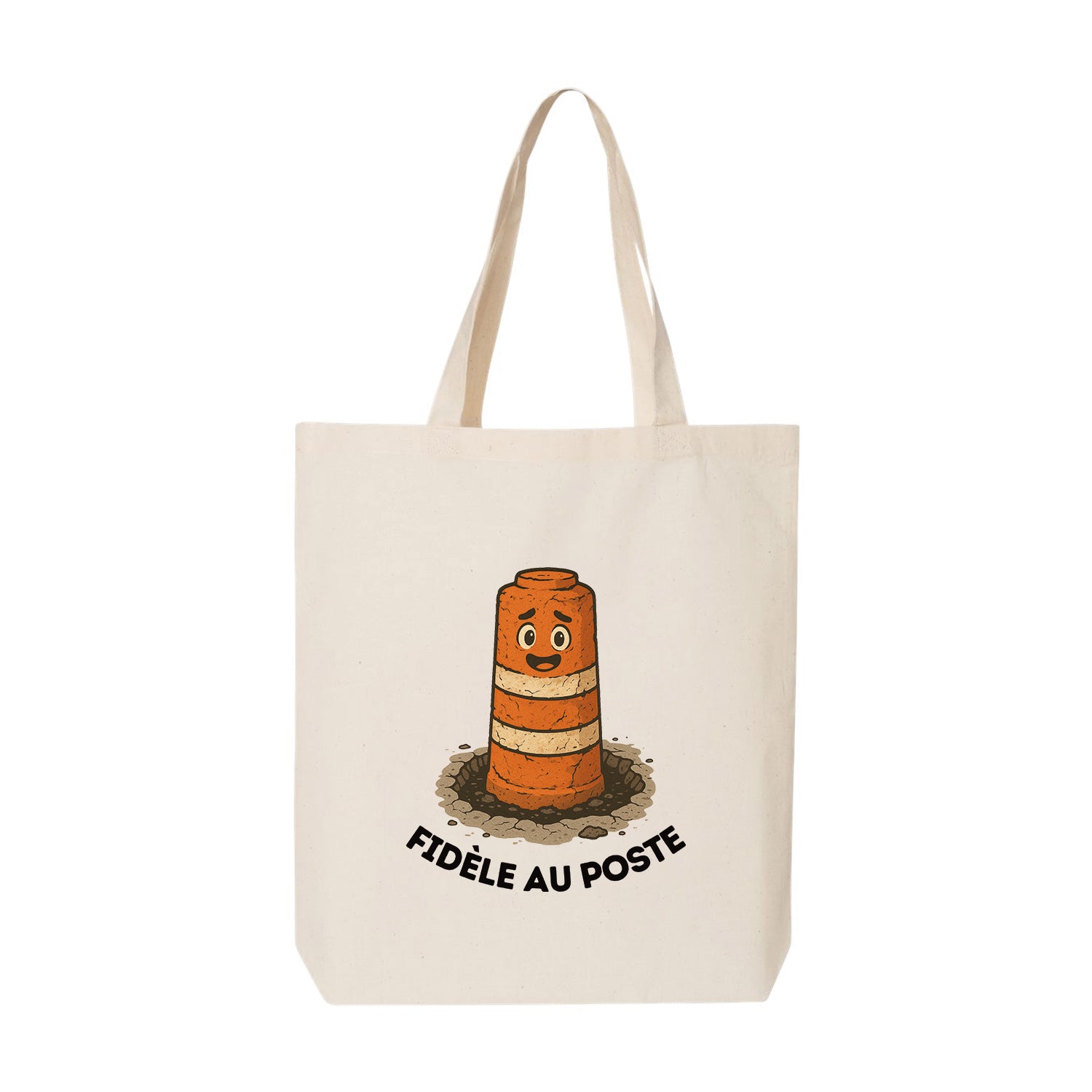 sac fourre-tout beige imprimé avec un cône dans un nid de poule de construction illustrant les routes du québec