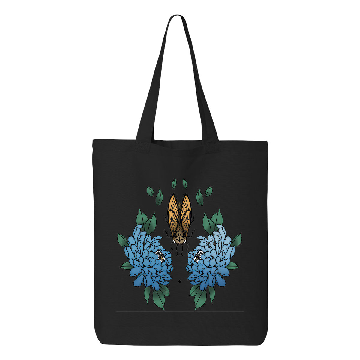 sac fourre-tout noir avec une impression de 10" sur une face. Il y a des fleurs bleues et un insecte