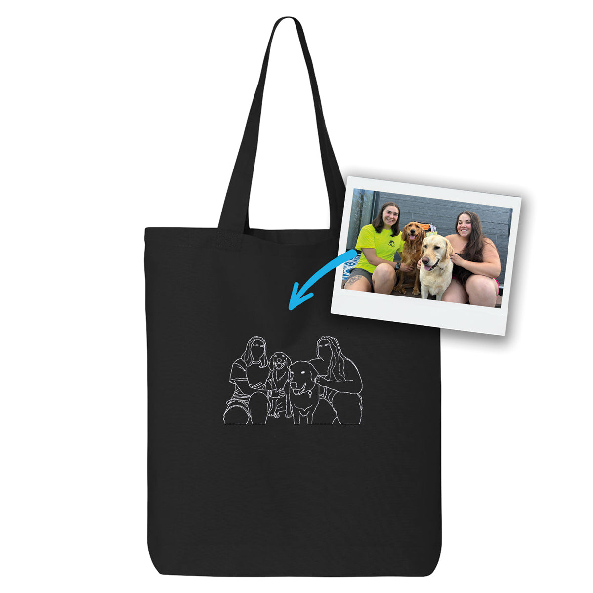 sac fourre-tout noir personnalisé par une broderie de silhouette dessinée à partir d'une photo